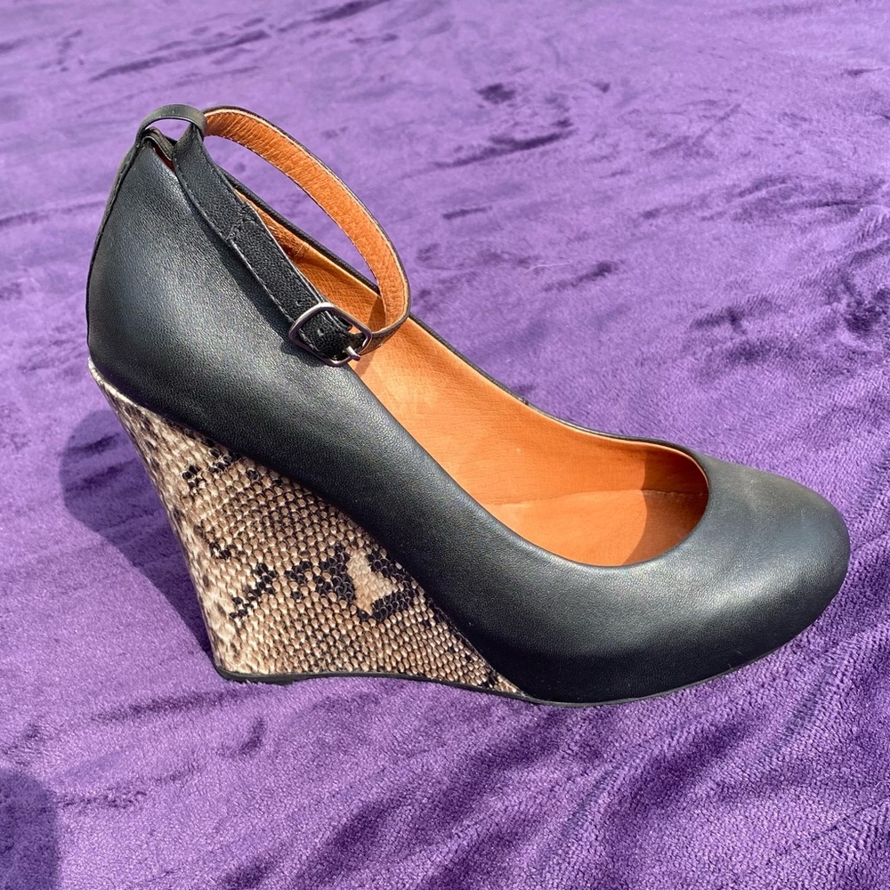 JEFFREY CAMPBELL Black Leather and Snake print Wedge Heel w/Ankle Strap